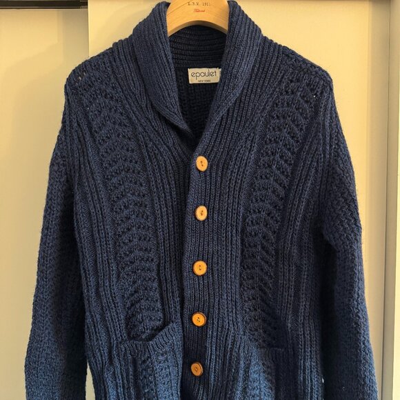 Epaulet x Northern Watters Knitwear Hand Knit Shawl Collar Cardigan in Navy-Blac - Picture 1 of 3